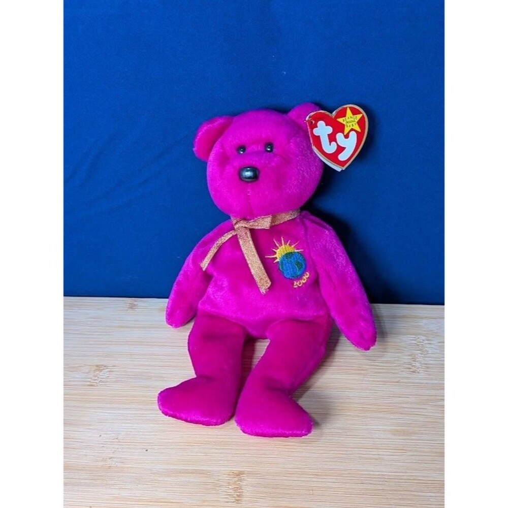 RARE Ty Beanie Baby MILLENIUM Bear 1999 Magenta SPELLING ERROR on Both Tags 8"